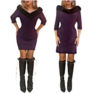 Vintage 90's-Inspired Fur Collar Mini Dress in Purple